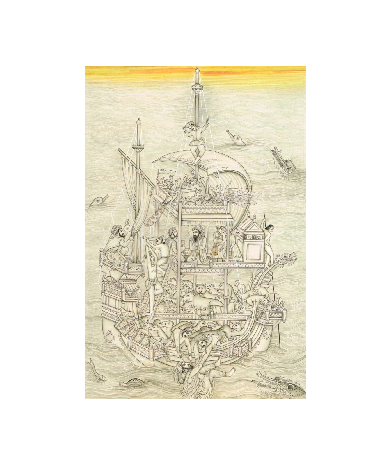 Indian Noah's Ark Of Mughal Era Hand Miniature Fine Art With Bor