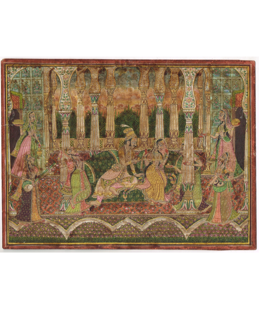 Indian Miniature Painting Of Love Scene Vintage Mewar Art On Paper