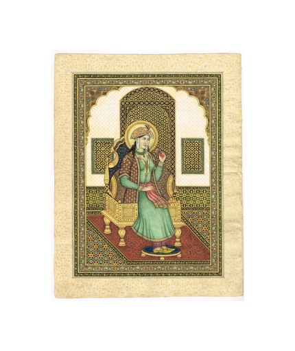 Miniature Portrait Of Mughal Empress Mumtaz Mahal Gouache &Real Gold Artwork