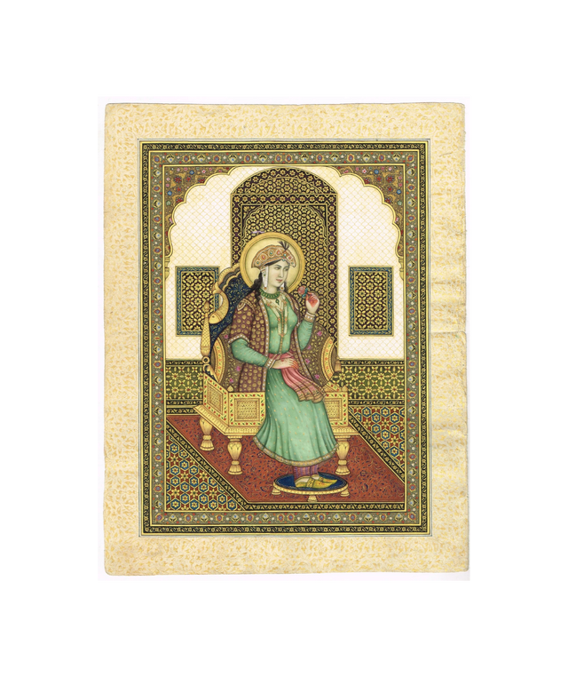 Miniature Portrait Of Mughal Empress Mumtaz Mahal Gouache &Real Gold Artwork