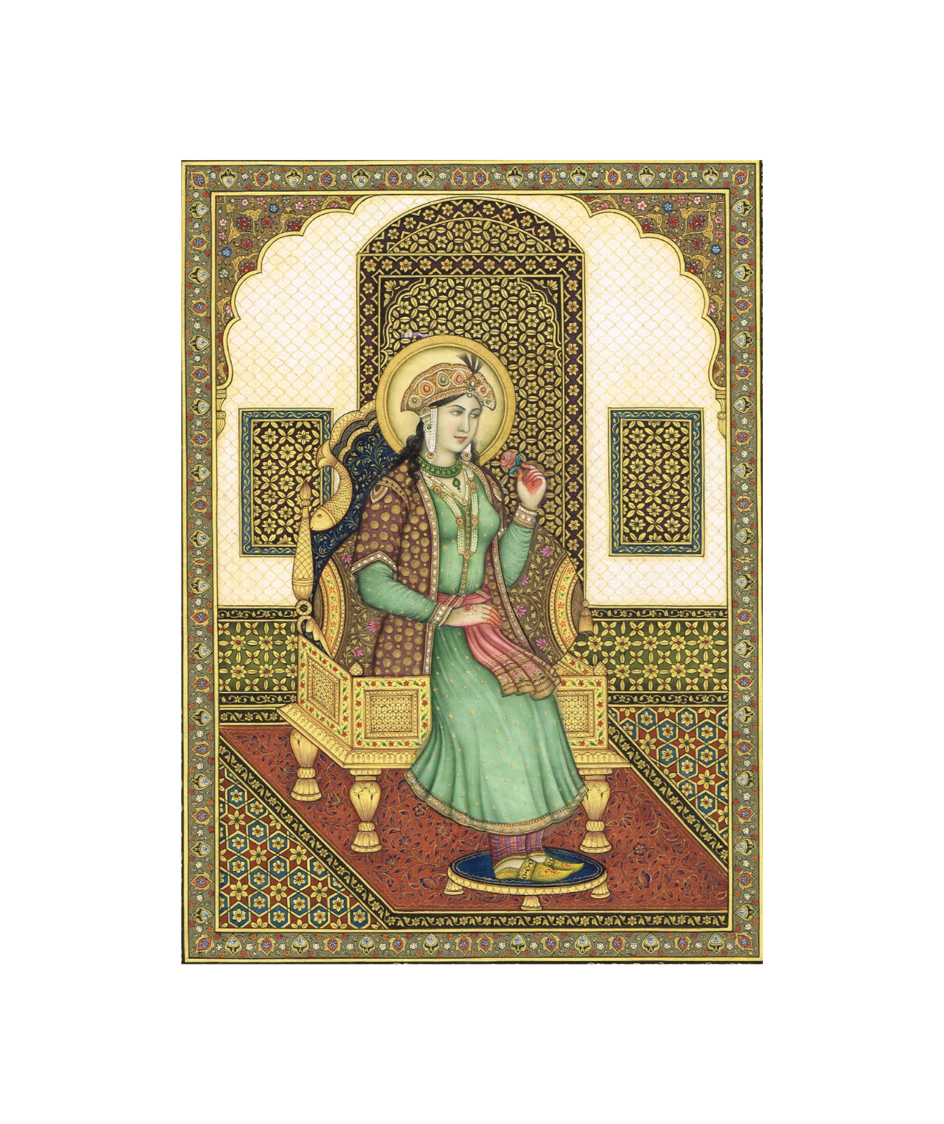 Miniature Portrait Of Mughal Empress Mumtaz Mahal Gouache &Real Gold Artwork