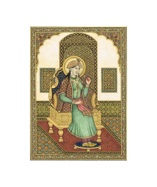 Miniature Portrait Of Mughal Empress Mumtaz Mahal Gouache &Real Gold Artwork
