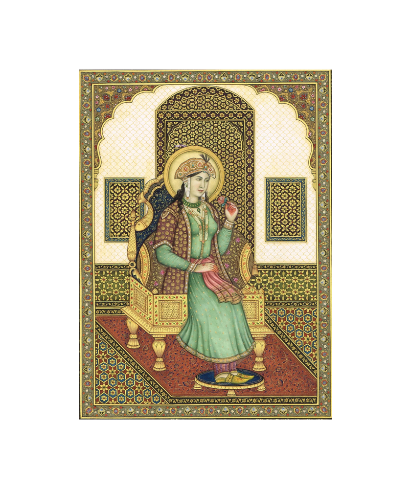Miniature Portrait Of Mughal Empress Mumtaz Mahal Gouache &Real Gold Artwork