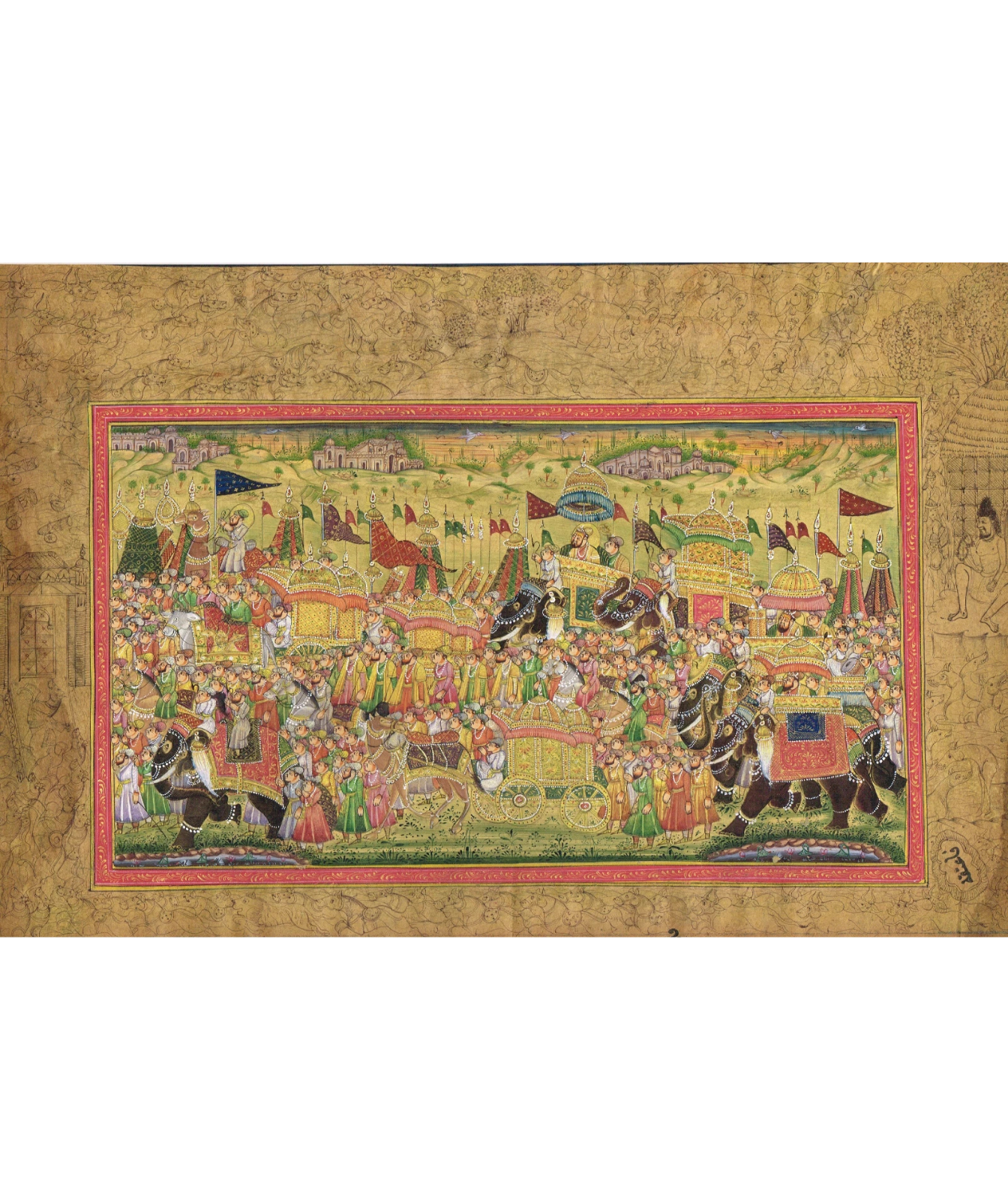 Indian Vintage Miniature Painting Of Mughal King Procession Art On Paper