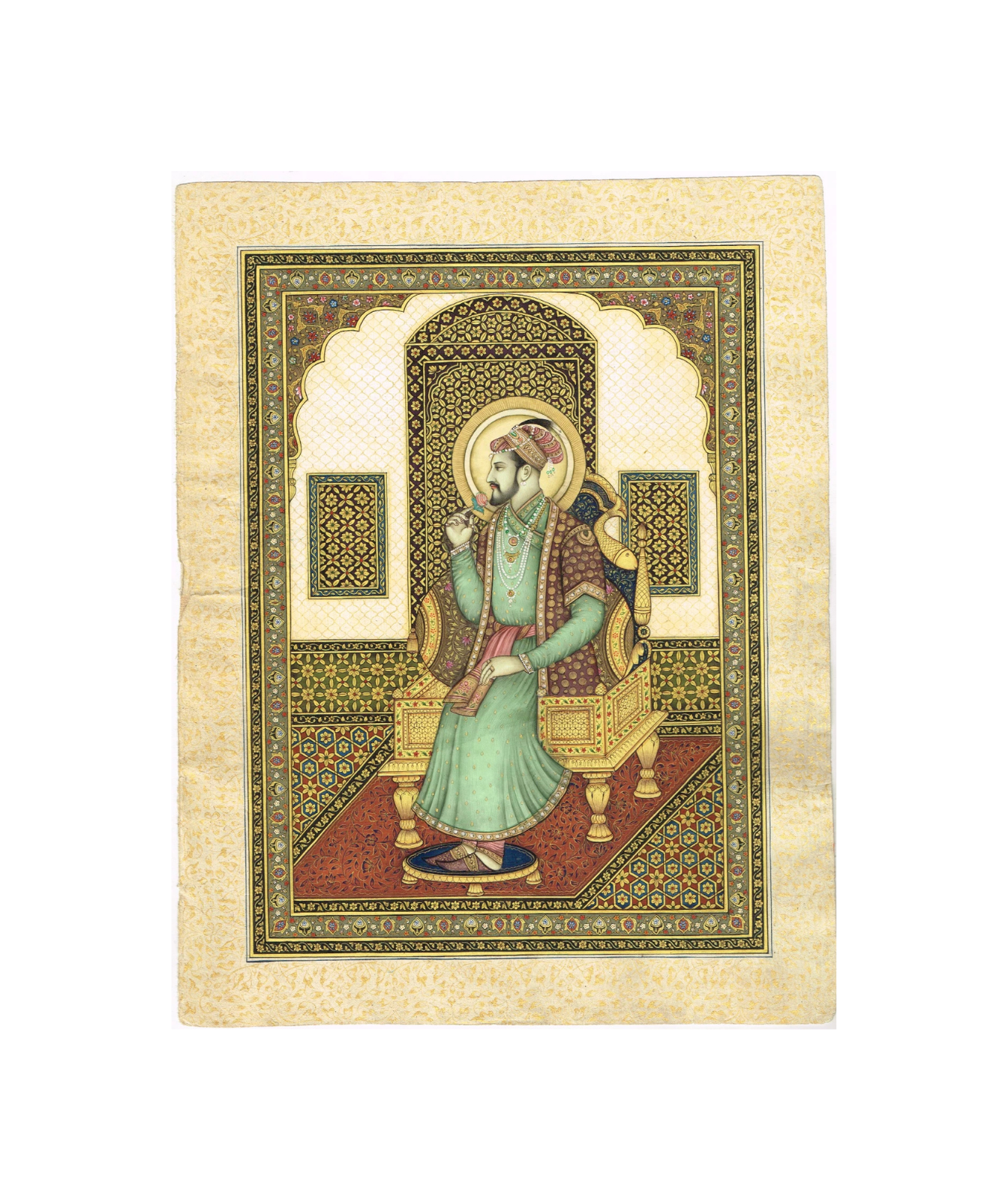 Miniature Portrait Of Mughal Emperor Shahjahan Gouache &Real Gold Artwork