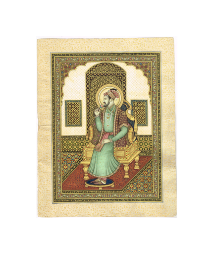 Miniature Portrait Of Mughal Emperor Shahjahan Gouache &Real Gold Artwork