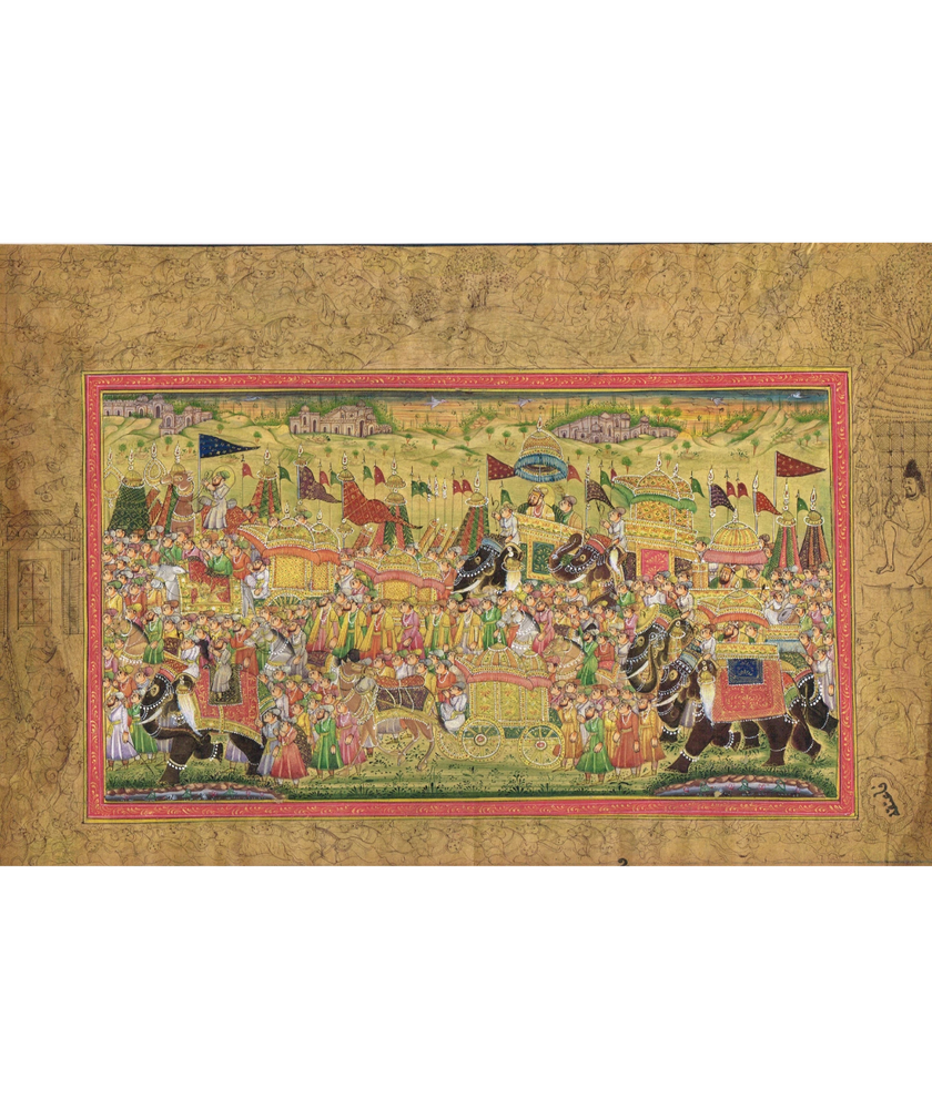 Indian Vintage Miniature Painting Of Mughal King Procession Art On Paper
