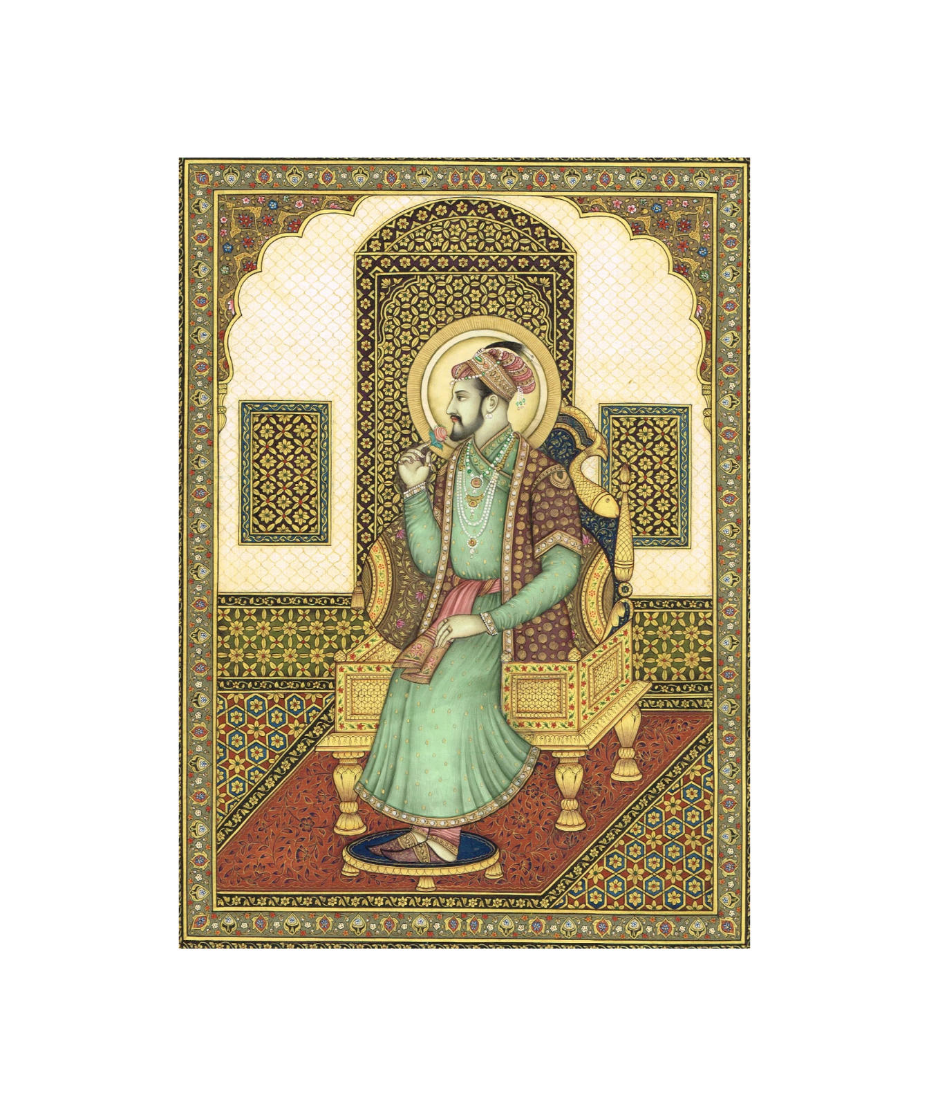 Miniature Portrait Of Mughal Emperor Shahjahan Gouache &Real Gold Artwork