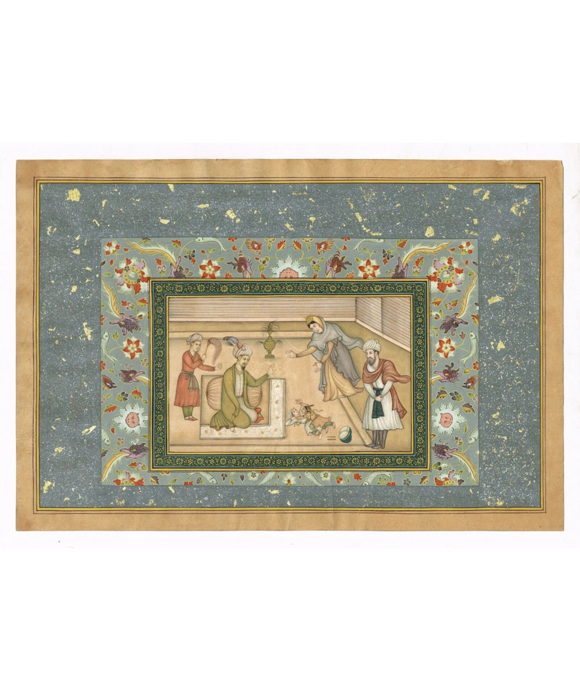 The Infant Akbar Wrestles For A Drum, Mughal Miniature Old Painting