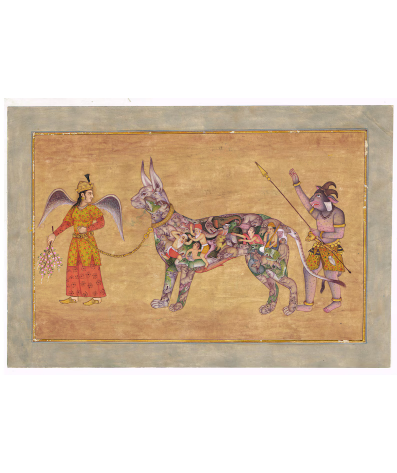 Indian Miniature Painting Of Angel With Demon Man Leading A Composite Goat Vintage Art On Paper | Indian Ancient Art Paintings For Wall Gift