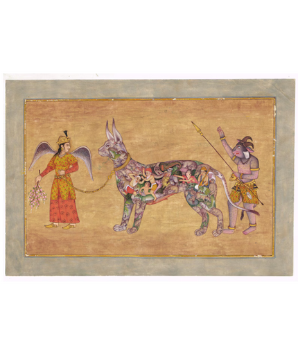 Indian Miniature Painting Of Angel With Demon Man Leading A Composite Goat Vintage Art On Paper | Indian Ancient Art Paintings For Wall Gift