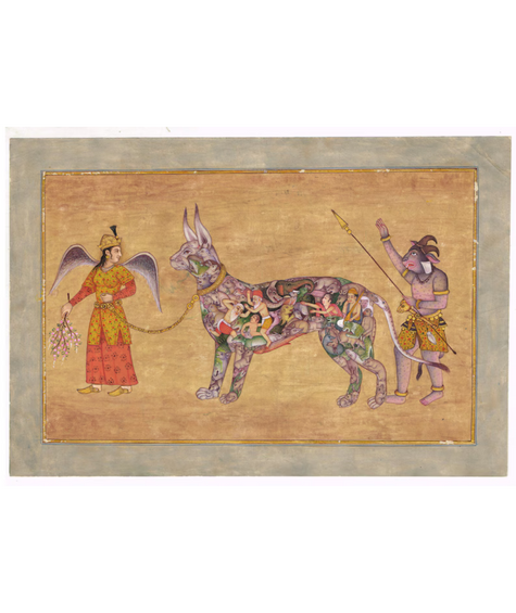 Indian Miniature Painting Of Angel With Demon Man Leading A Composite Goat Vintage Art On Paper | Indian Ancient Art Paintings For Wall Gift