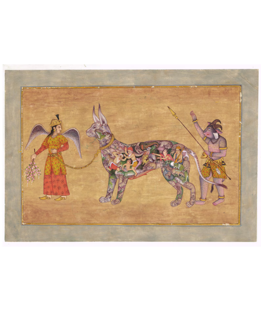 Indian Miniature Painting Of Angel With Demon Man Leading A Composite Goat Vintage Art On Paper | Indian Ancient Art Paintings For Wall Gift