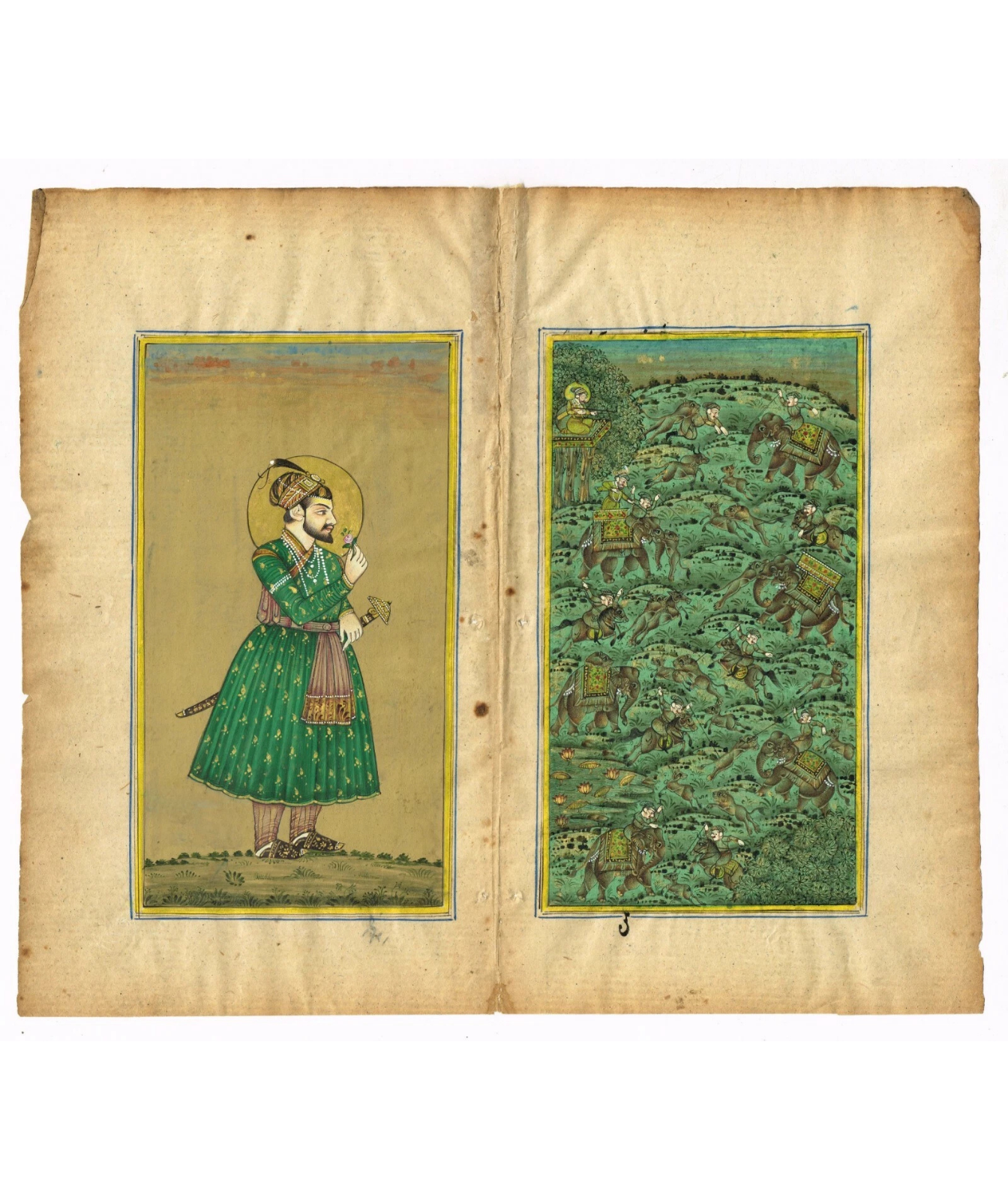Miniature Portrait Of Mughal Emperor Shahjahan With Rose And Mughal Hunting Art