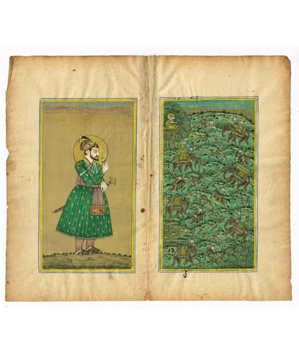 Miniature Portrait Of Mughal Emperor Shahjahan With Rose And Mughal Hunting Art