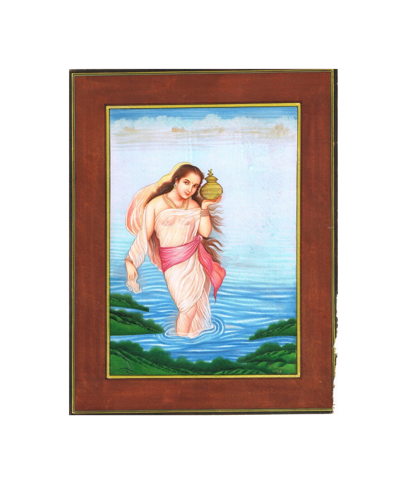 Wall Painting A Beautiful Woman In Lake With Pot Gouache On Paper 10.5x13.5 Inch
