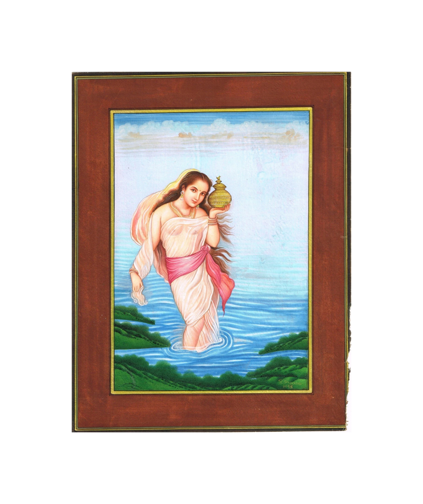 Wall Painting A Beautiful Woman In Lake With Pot Gouache On Paper 10.5x13.5 Inch