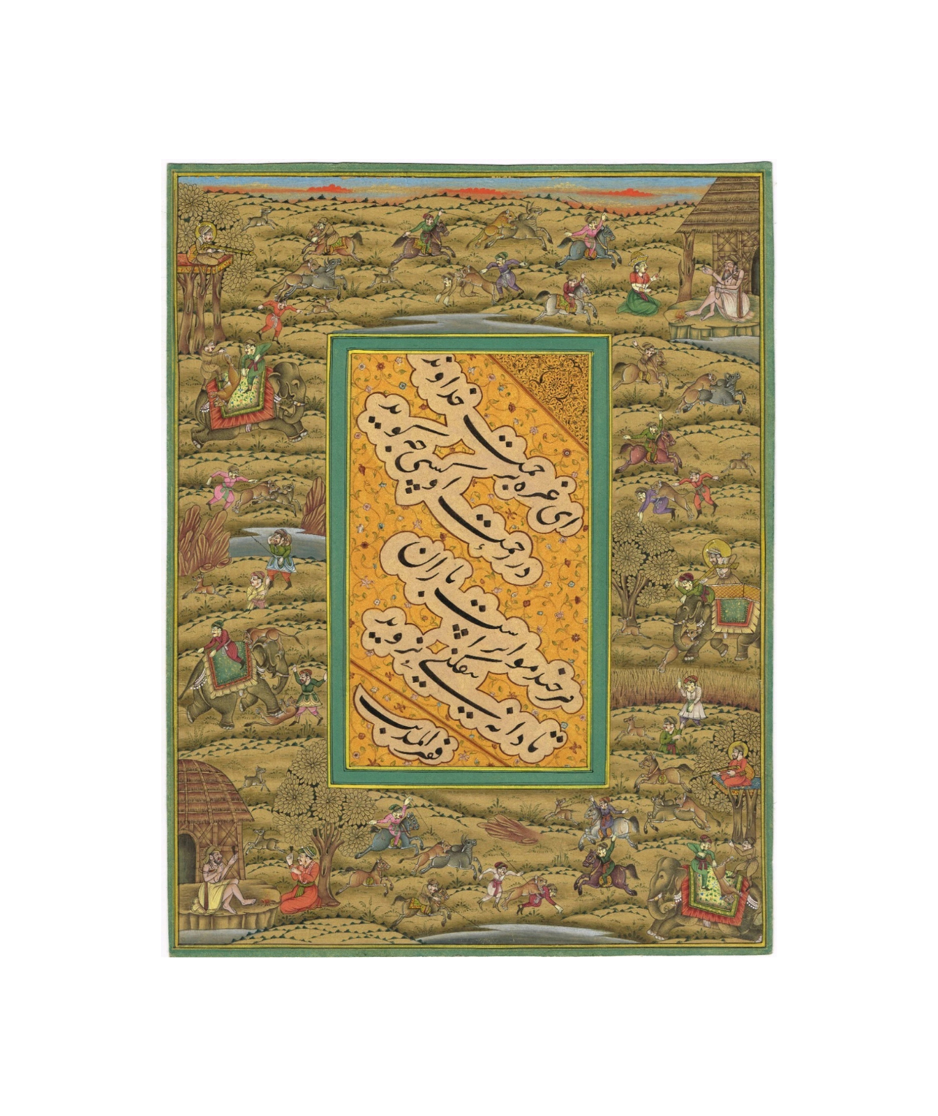 Indian Painting Of Islamic Calligraphy With Hunting Scene On Paper