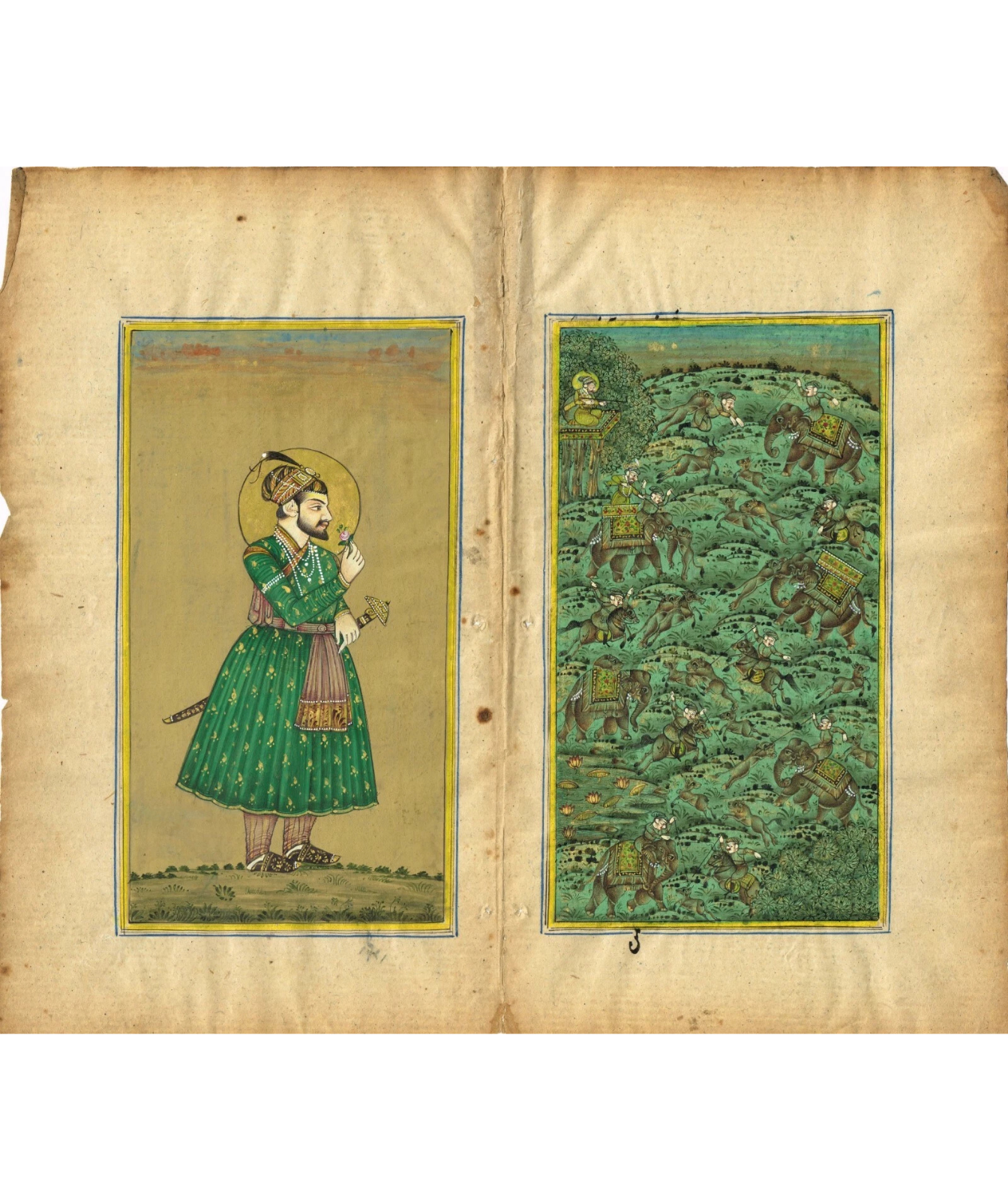 Miniature Portrait Of Mughal Emperor Shahjahan With Rose And Mughal Hunting Art