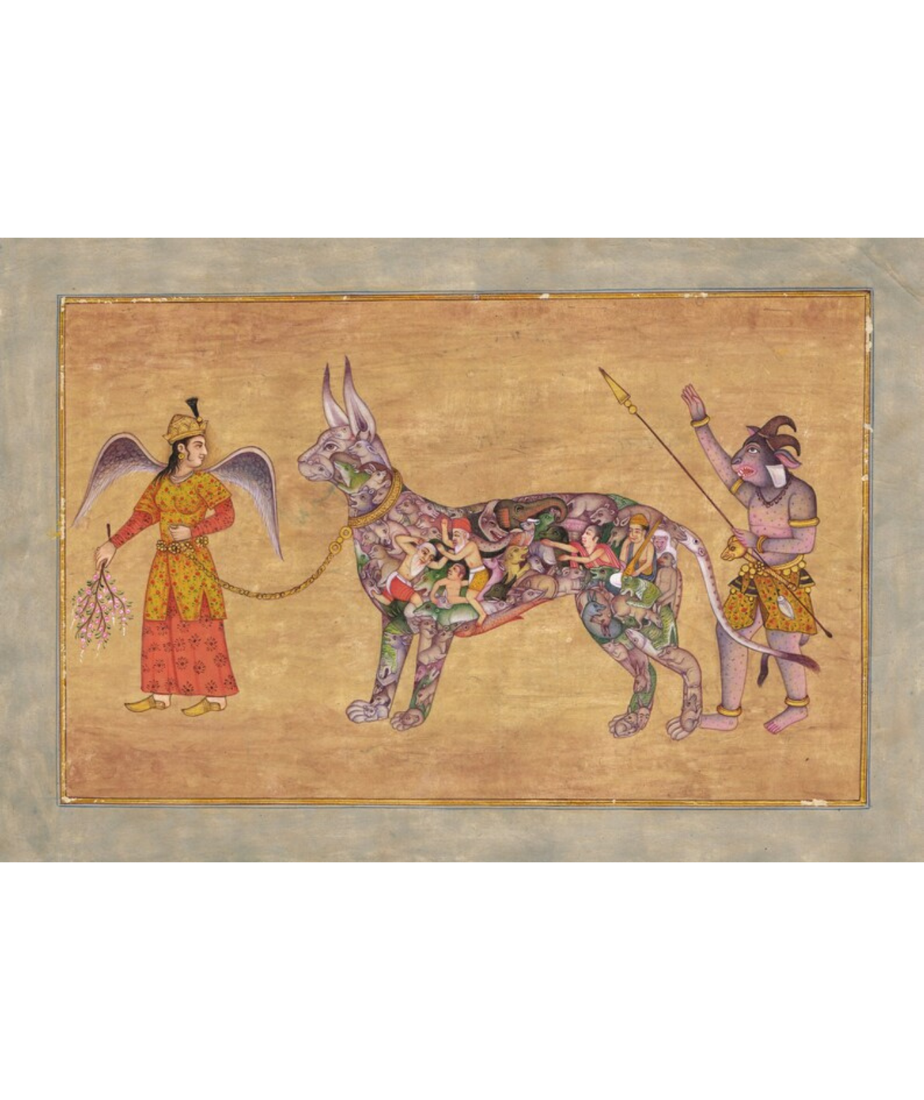 Indian Miniature Painting Of Angel With Demon Man Leading A Composite Goat Vintage Art On Paper | Indian Ancient Art Paintings For Wall Gift