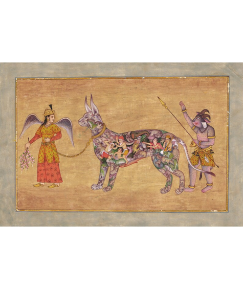 Indian Miniature Painting Of Angel With Demon Man Leading A Composite Goat Vintage Art On Paper | Indian Ancient Art Paintings For Wall Gift