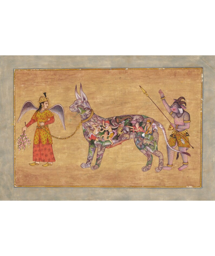 Indian Miniature Painting Of Angel With Demon Man Leading A Composite Goat Vintage Art On Paper | Indian Ancient Art Paintings For Wall Gift