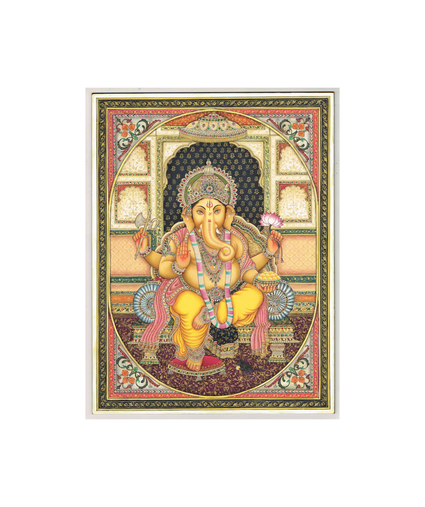 Handmade Lord Ganesha Painting: Hindu Art with Emerald & Ruby