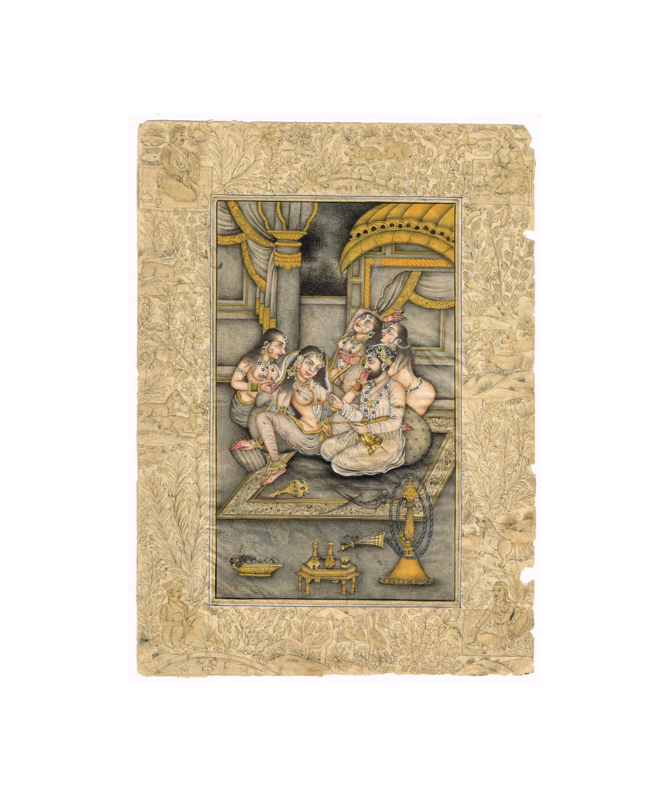 Hand Miniature Old Painting Of Mughal Harem Scene Art On Paper