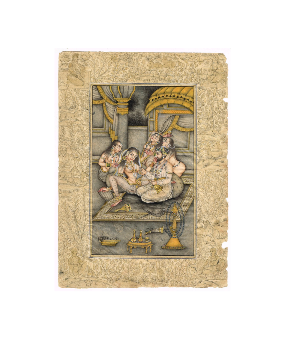 Hand Miniature Old Painting Of Mughal Harem Scene Art On Paper