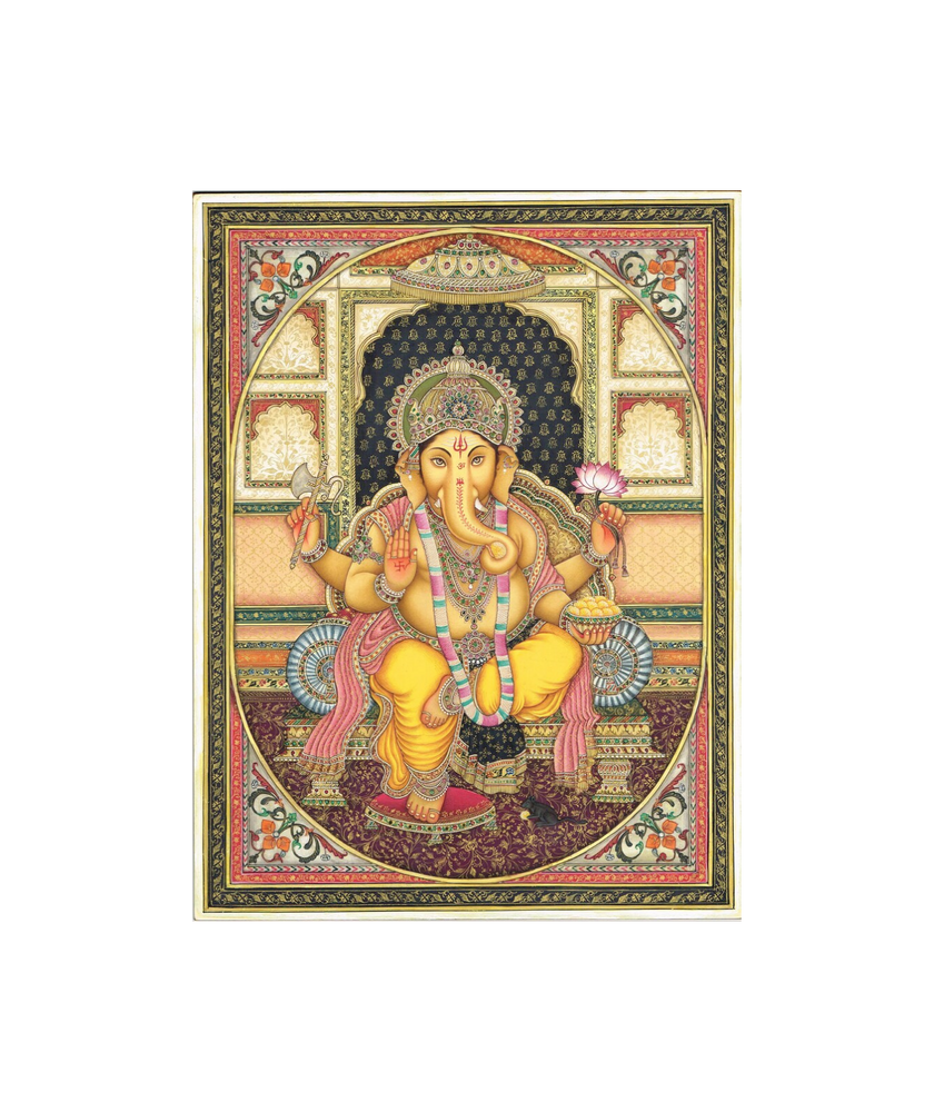 Handmade Lord Ganesha Painting: Hindu Art with Emerald & Ruby