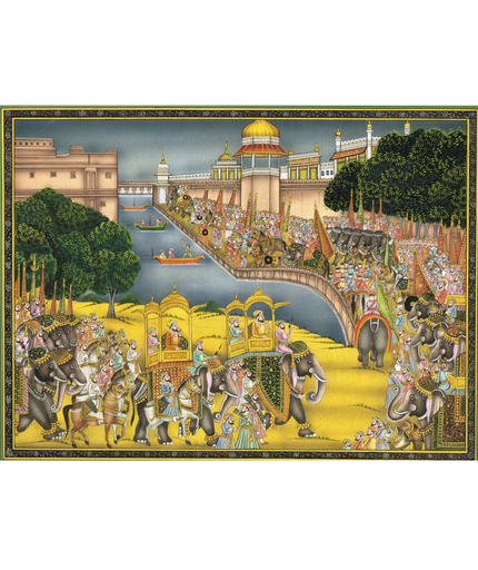 Indian Miniature Painting Of Royal Procession Art And Lake Palace