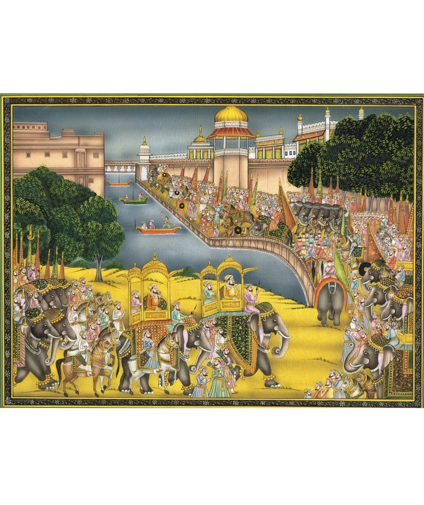 Indian Miniature Painting Of Royal Procession Art And Lake Palace