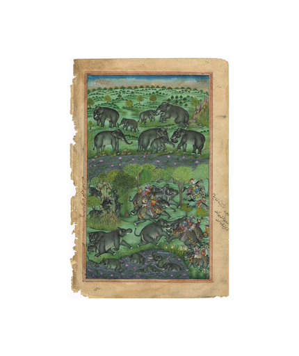 Vintage Indian Elephant Painting: Herd & Fight Scene, Stone Colors