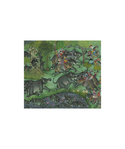 Vintage Indian Elephant Painting: Herd & Fight Scene, Stone Colors
