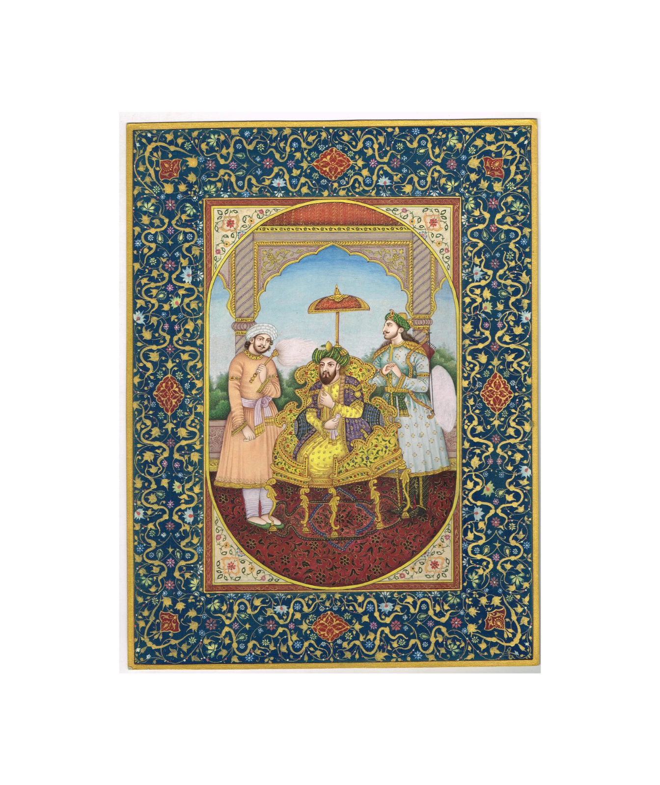 Indian Miniature Painting Of Mughal Emperor Humayun Court With Floral Border