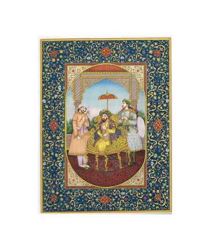 Indian Miniature Painting Of Mughal Emperor Humayun Court With Floral Border
