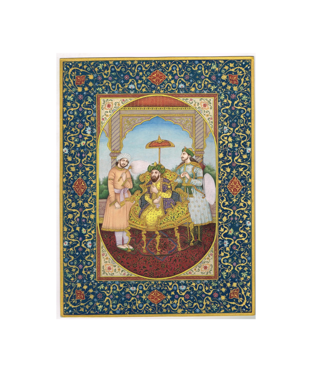 Indian Miniature Painting Of Mughal Emperor Humayun Court With Floral Border