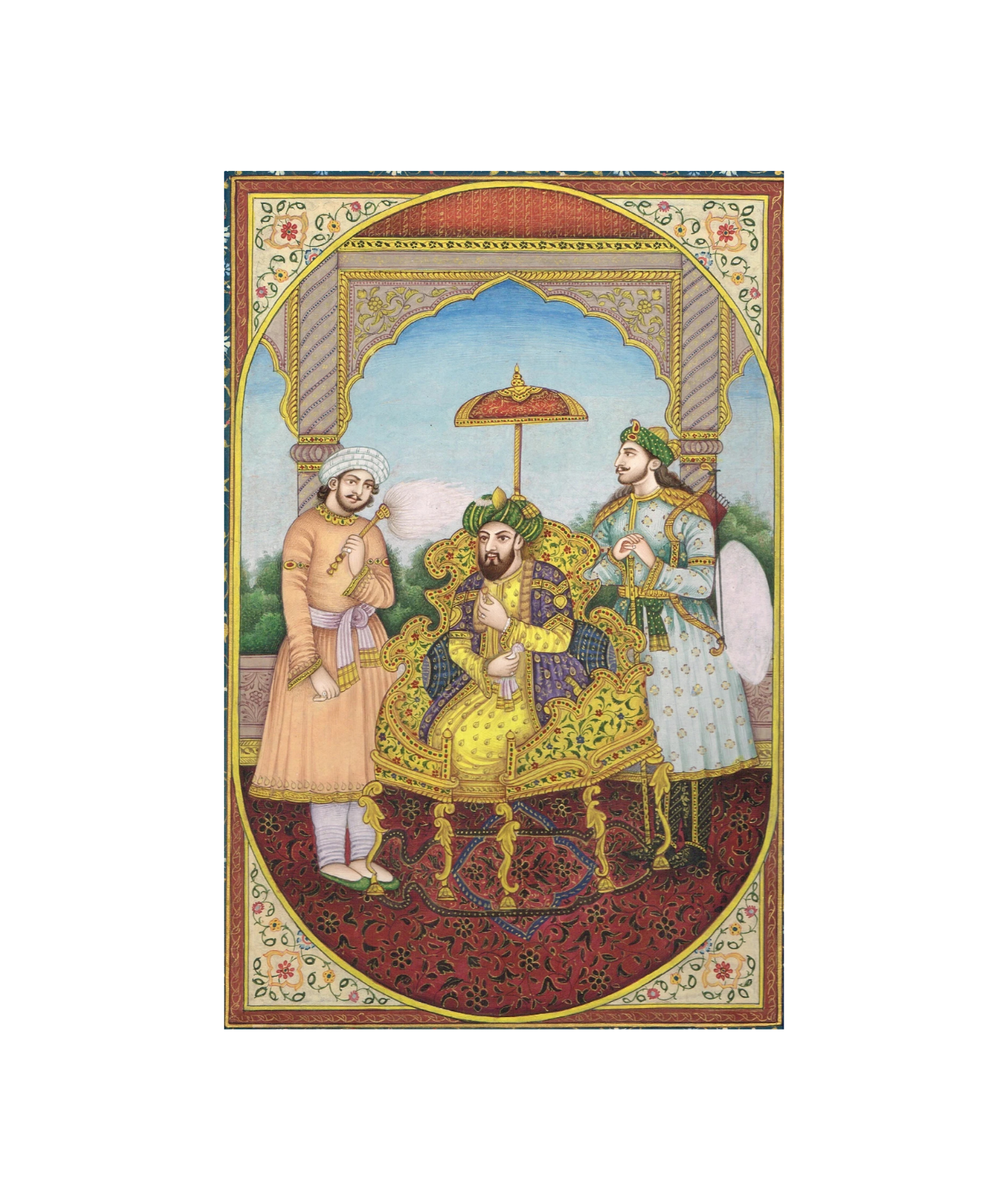 Indian Miniature Painting Of Mughal Emperor Humayun Court With Floral Border