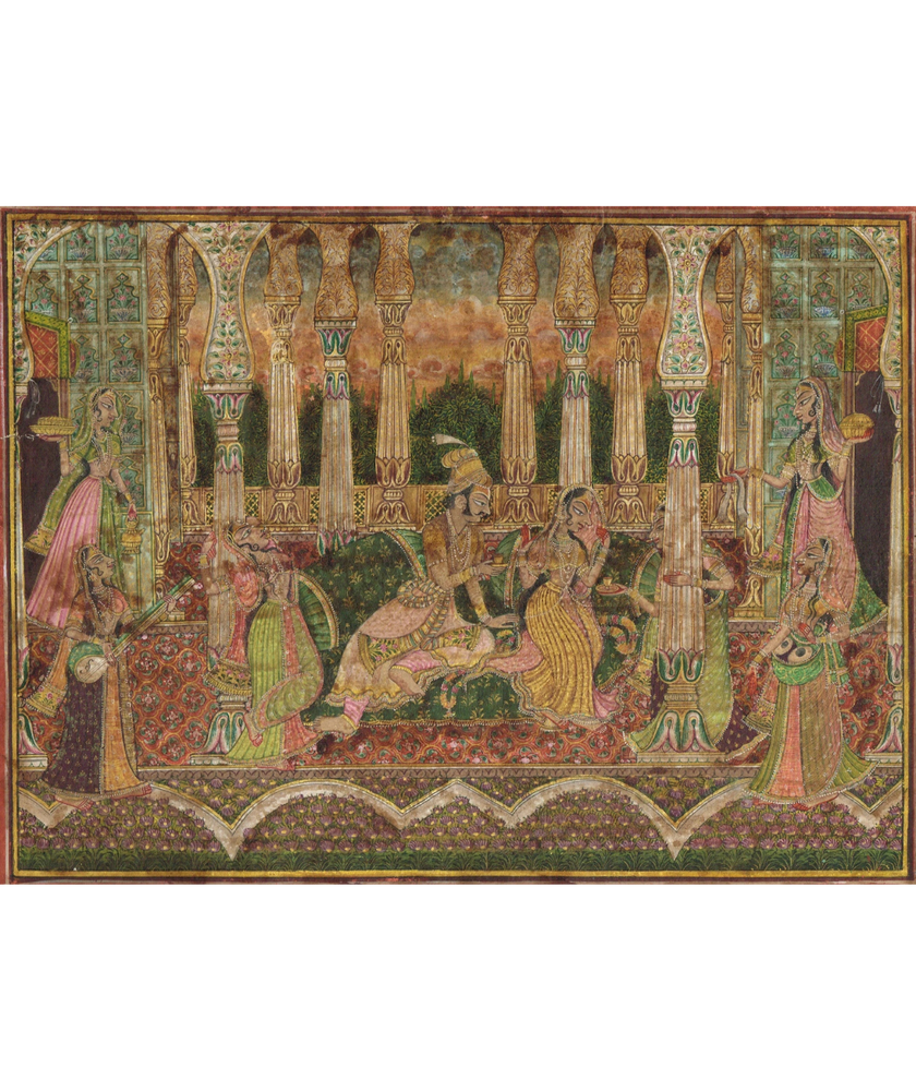 Indian Miniature Painting Of Love Scene Vintage Mewar Art On Paper