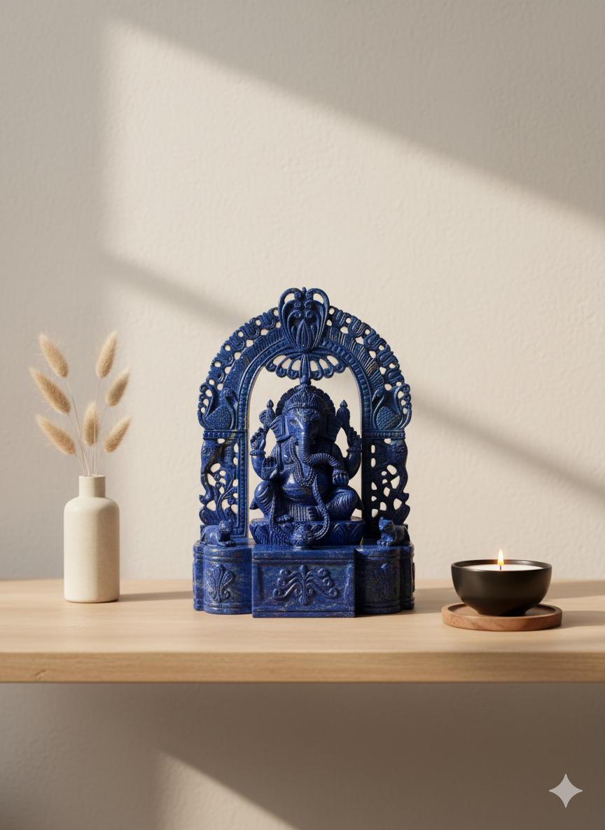 Lapis Ganesha Statue Figurine Hand Carved Stone Hindu Religious Idol