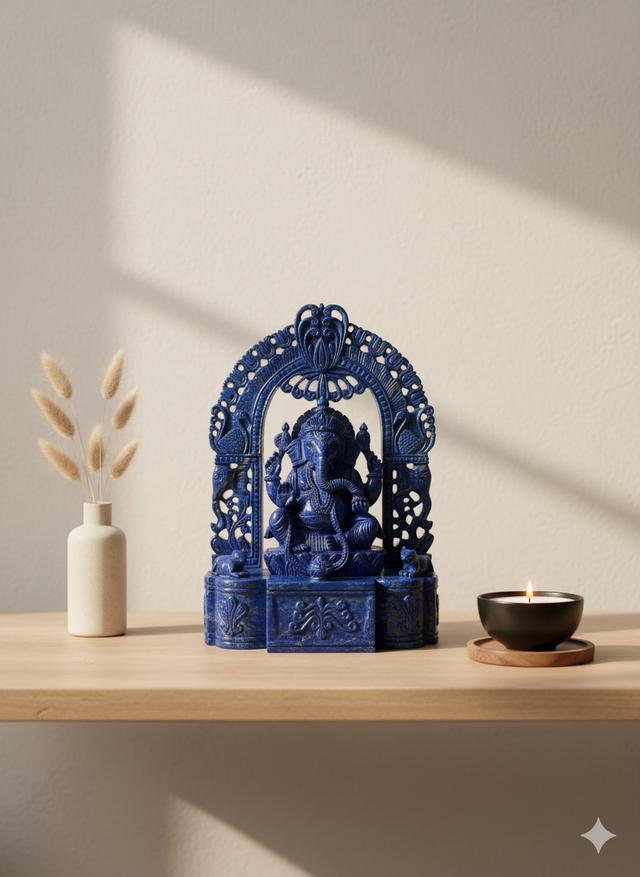 Lapis Ganesha Statue Figurine Hand Carved Stone Hindu Religious Idol