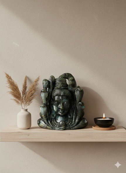 Labradorite Shiva & Ganesha Statue Face Of Both Side Hand Carved Idol 10 Inches