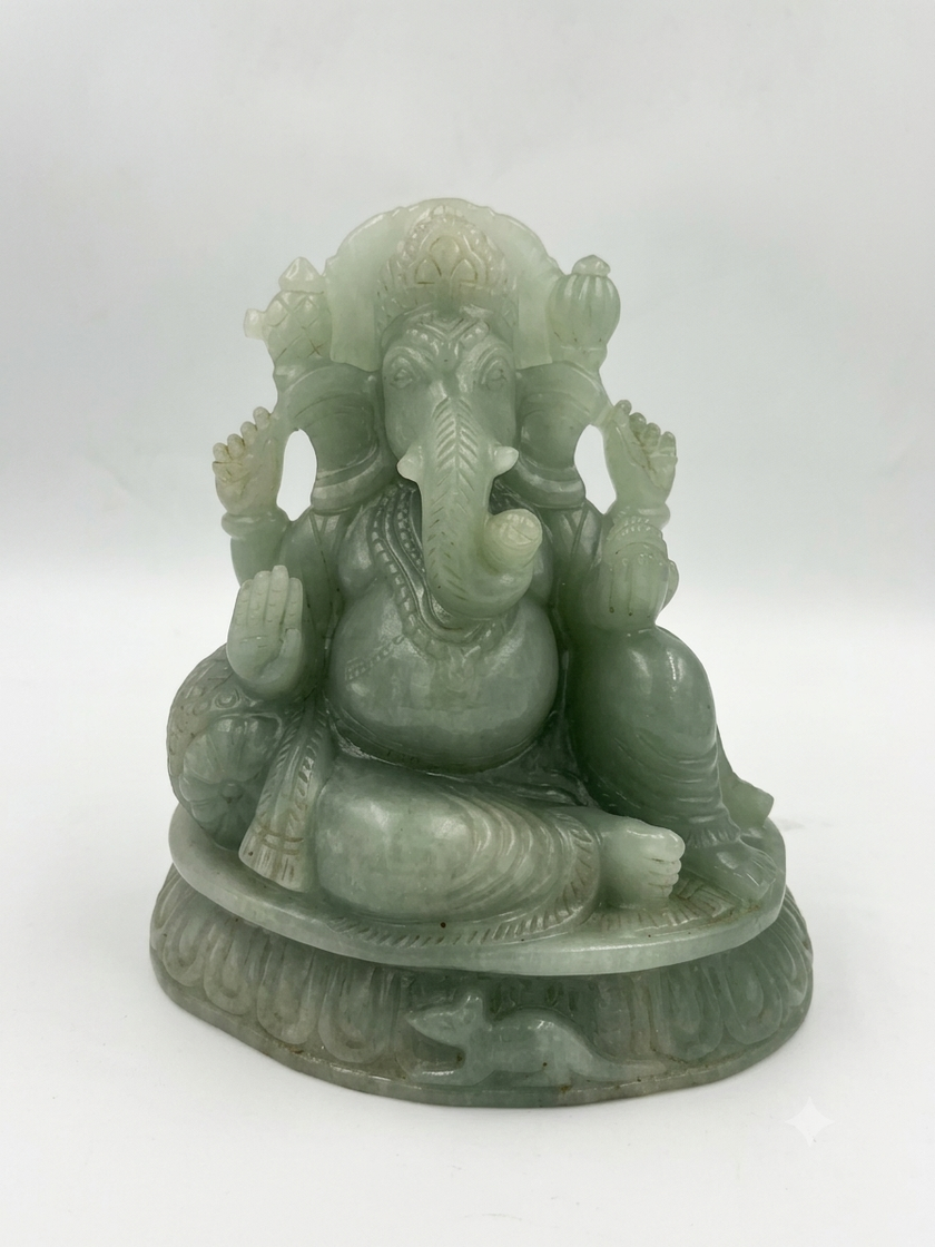 Semi precious Green Aventurine Lord Ganesha Statue Hand Carved Religious Idol