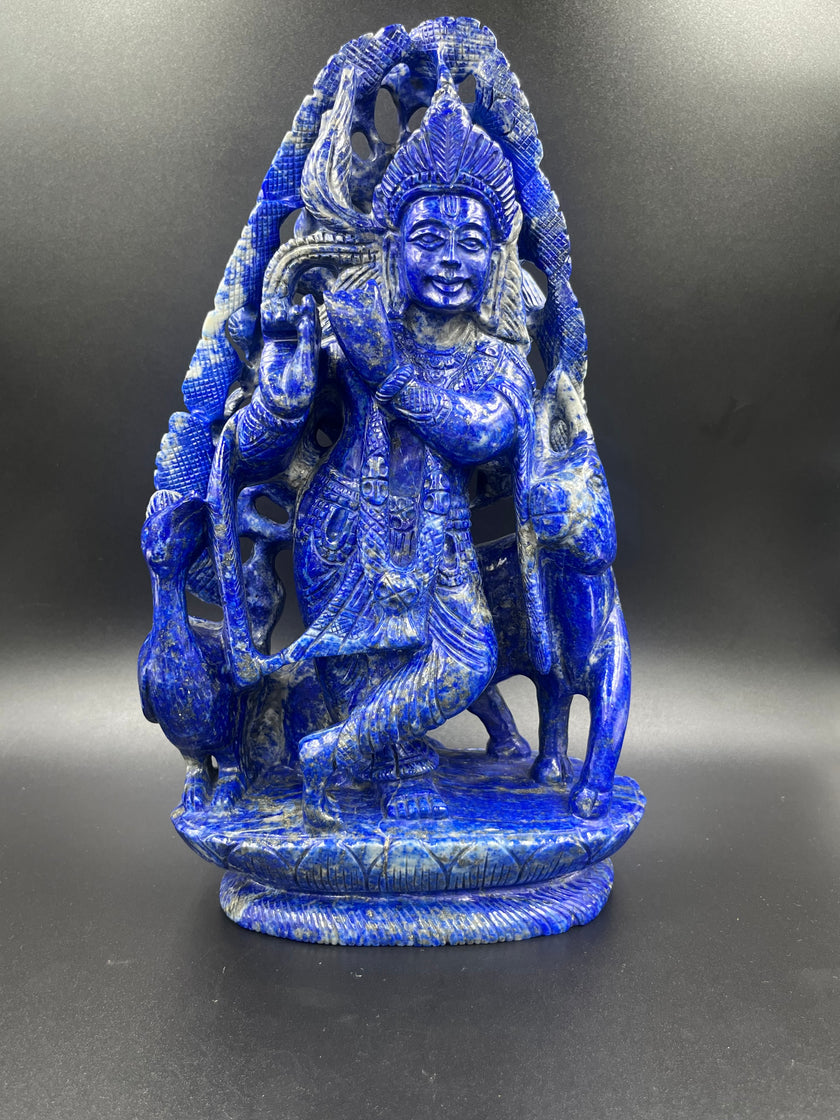 Precious stone Lapis Lazuli Krishna Statue Hand Carved Religious Idol Gift