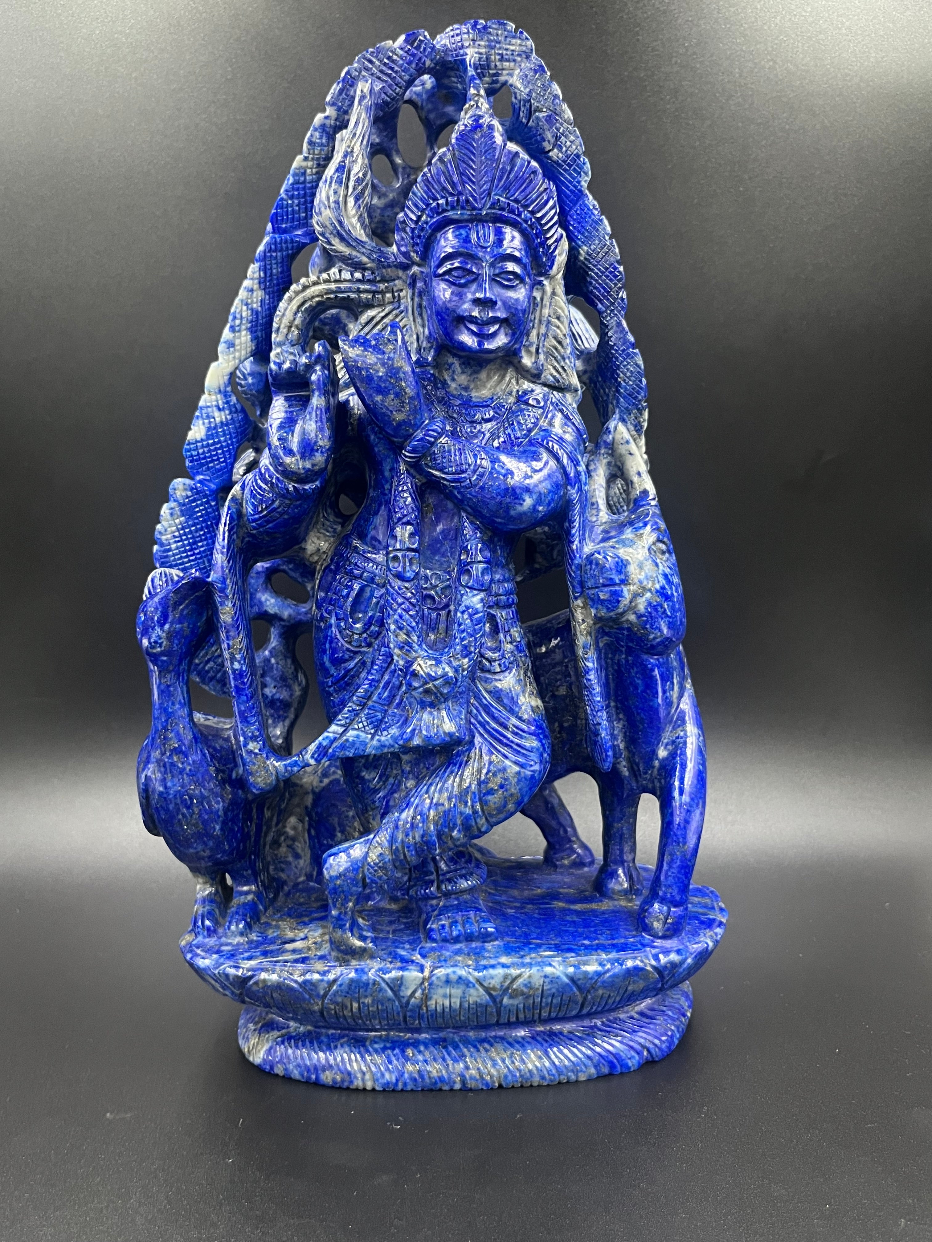 Precious stone Lapis Lazuli Krishna Statue Hand Carved Religious Idol Gift