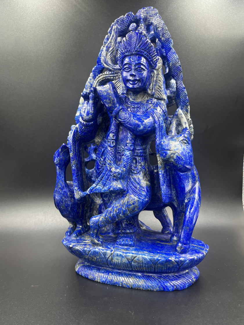 Precious stone Lapis Lazuli Krishna Statue Hand Carved Religious Idol Gift