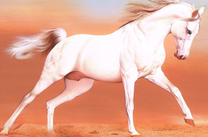 White Horse Miniature Painting: Real Gold Ink, Stone Colors