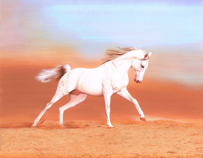 White Horse Miniature Painting: Real Gold Ink, Stone Colors
