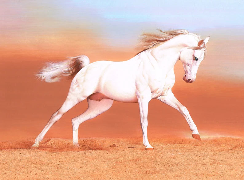 White Horse Miniature Painting: Real Gold Ink, Stone Colors