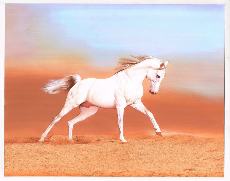 White Horse Miniature Painting: Real Gold Ink, Stone Colors